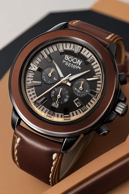 Reloj negro con detalles dorados, fondo blanco, números negros, con una base. Para Dama